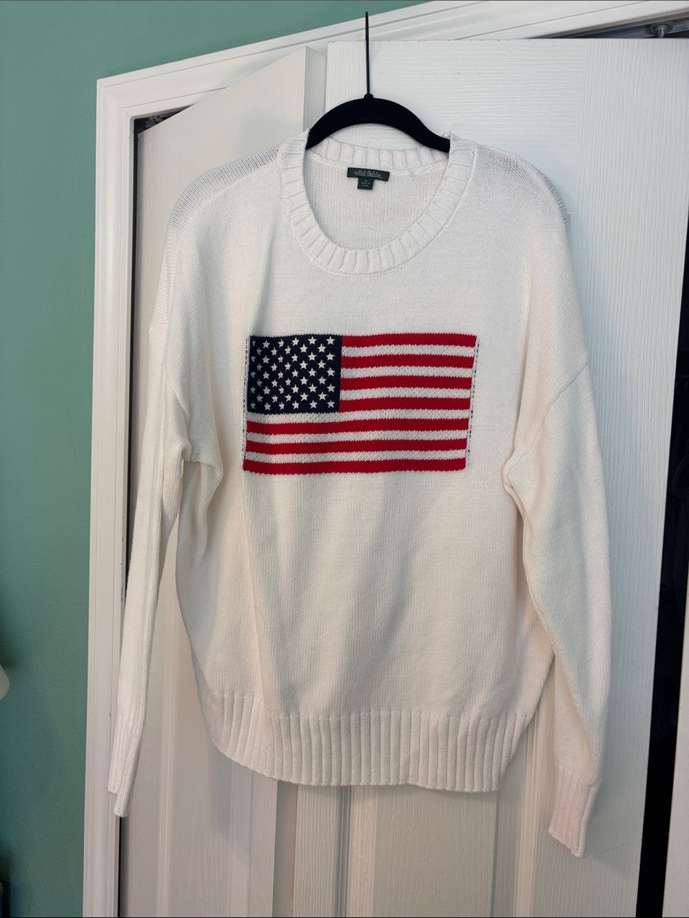 White Flag Knit Crewneck Sweater with American Flag